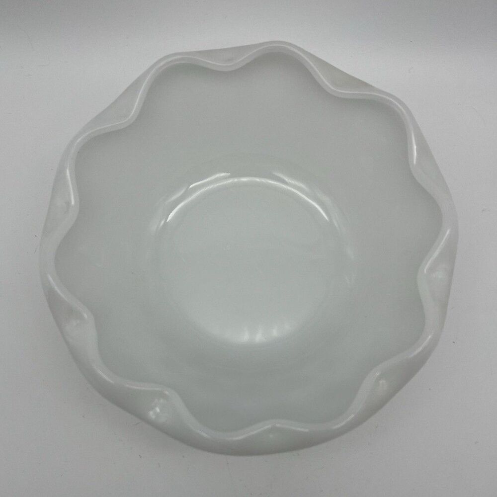 White Glass Scalloped Edge Bowl with Diamond Pattern, Round, 6 Inch